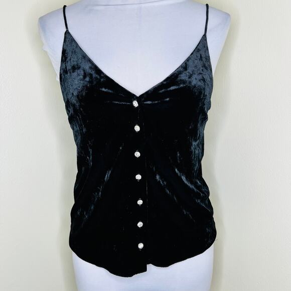 Topshop Crushed Velvet Tank Top Cami 2 Black Button Up V-Neck Rhinestone Grunge - Picture 1 of 7